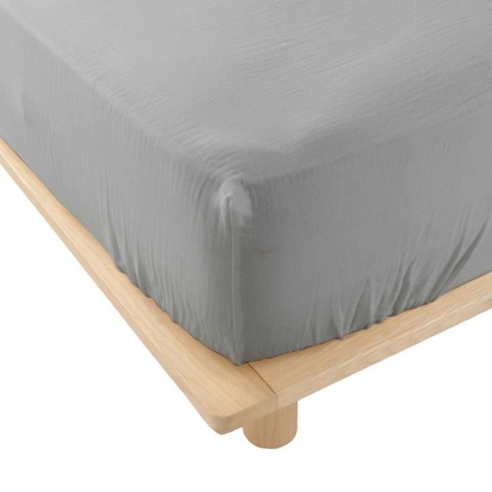 Drap housse - Angelia - 140 x 190 cm - Gaze de coton - Bonnet 30 cm - Uni gris