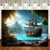 Piratenschiff Wandteppich, Segelschiff an tropischer Insel mit Wasserfall, Abenteuer Meeres-Wandkunst für Wohnzimmer Schlafzimmer