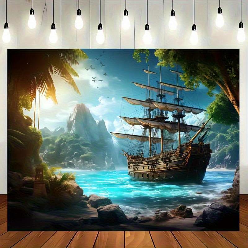 Piratenschiff Wandteppich, Segelschiff an tropischer Insel mit Wasserfall, Abenteuer Meeres-Wandkunst für Wohnzimmer Schlafzimmer