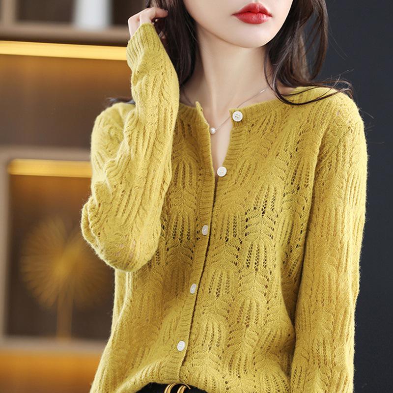 Women's Fashionable Autumn Wool Cardigan Coat - Round Neck, Knit, Hollow Design Cashmere Sweater