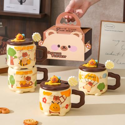 Niedliche hochwertige Bienen-Bär-Keramiktasse mit Deckel für Zuhause, Büro, Paare, Wasserbecher, kreative Geschenk-Tasse