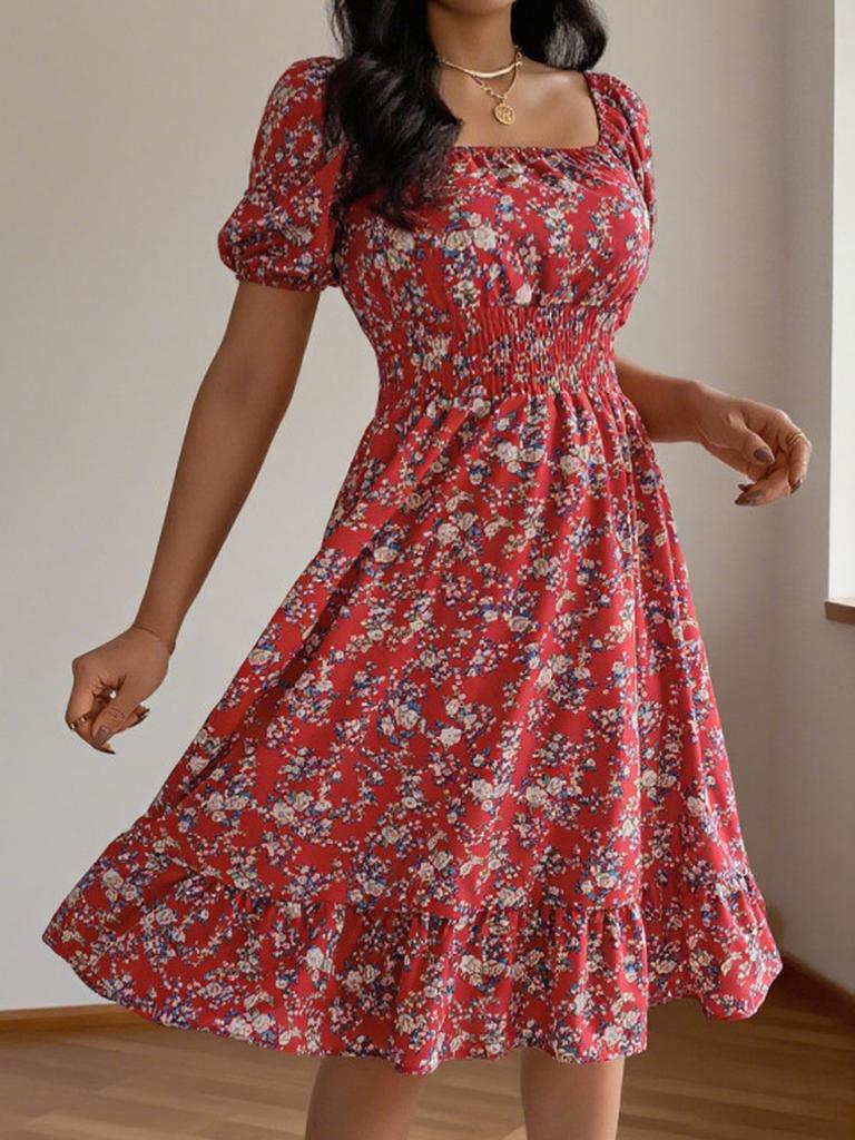 Summer New Arrivals Floral Square Neck Short Sleeve Ruched A-Line Skirt Women's Clothing