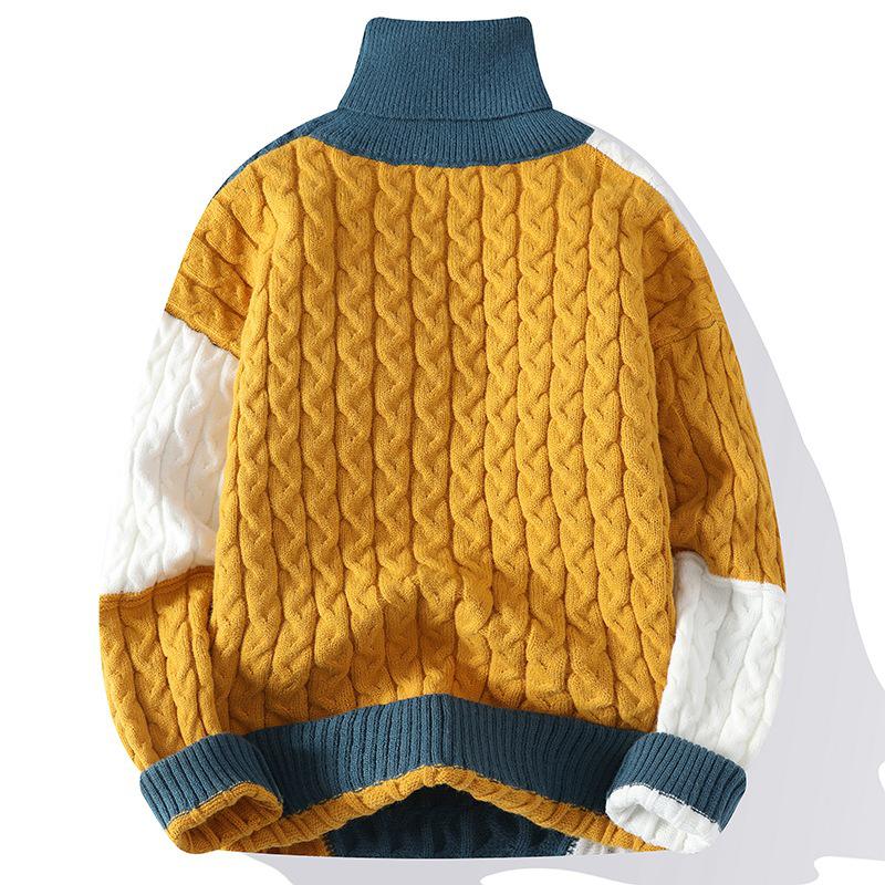Men's Trendy High Collar Color Block Knit Pullover Sweater for Spring and Autumn