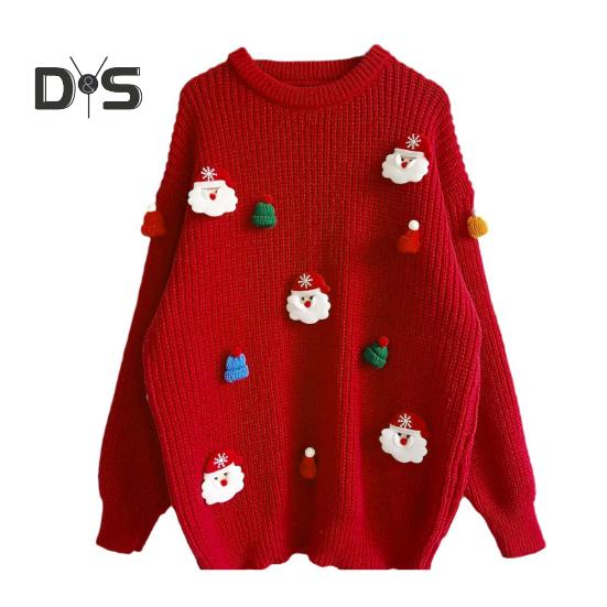 Women Christmas Sweater Santa Claus Xmas Hat Decor Loose Fit Knitting Tops Round Neck Long Sleeve Autumn Winter Sweater