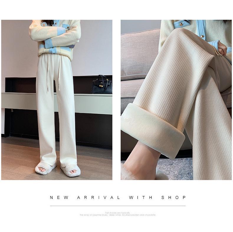 Women's High-Waist Fleece-Lined Wide-Leg Pants - Soft, Knitted, Loose-Fit for Autumn/Winter.