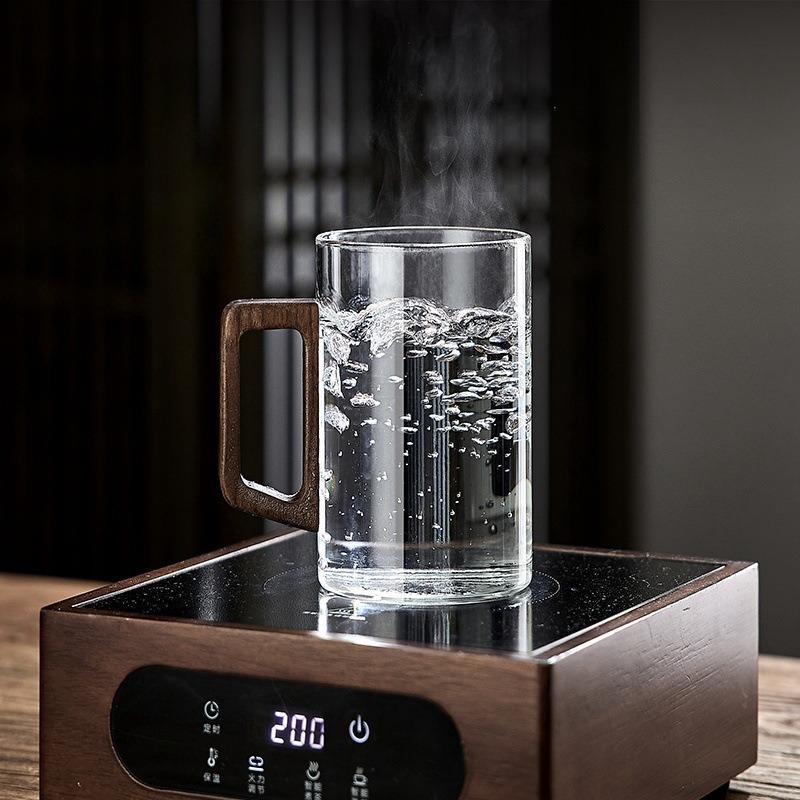 1pc 400ml Glass Cups with Walnut Handle Household Heat-resistant Mug Large Capacity Tea Making Cup Office Drinking Glasses