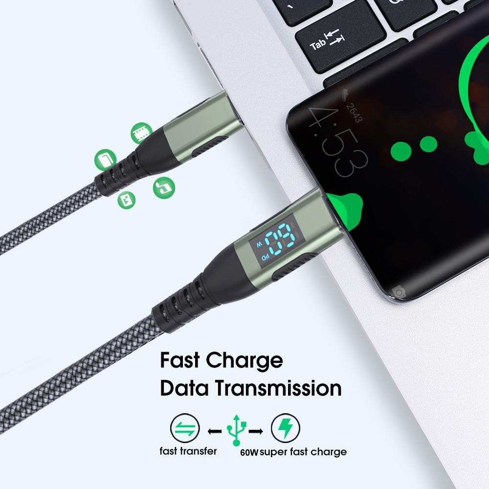PD60W Dual Head Type-C LED Digital Display Super Fast Charger Data Transfer Braided Cord for Huawei Xiaomi Phone Charging Cable