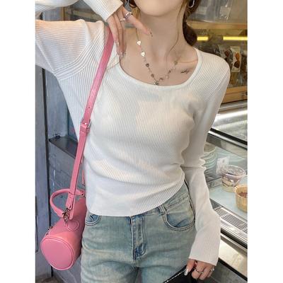 Autumn and Winter Popular Solid Color Knitted Sweater Women's New Autumn Inner Fit Slim Sweater Collarbone Thin Square Collar