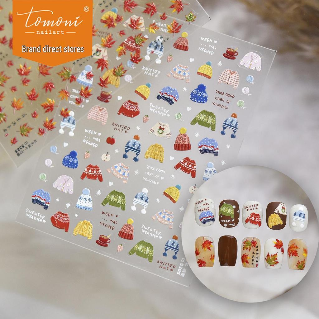 Tomoni 3D Embossed Nail Stickers: Cute Winter Sweater Design for Kids