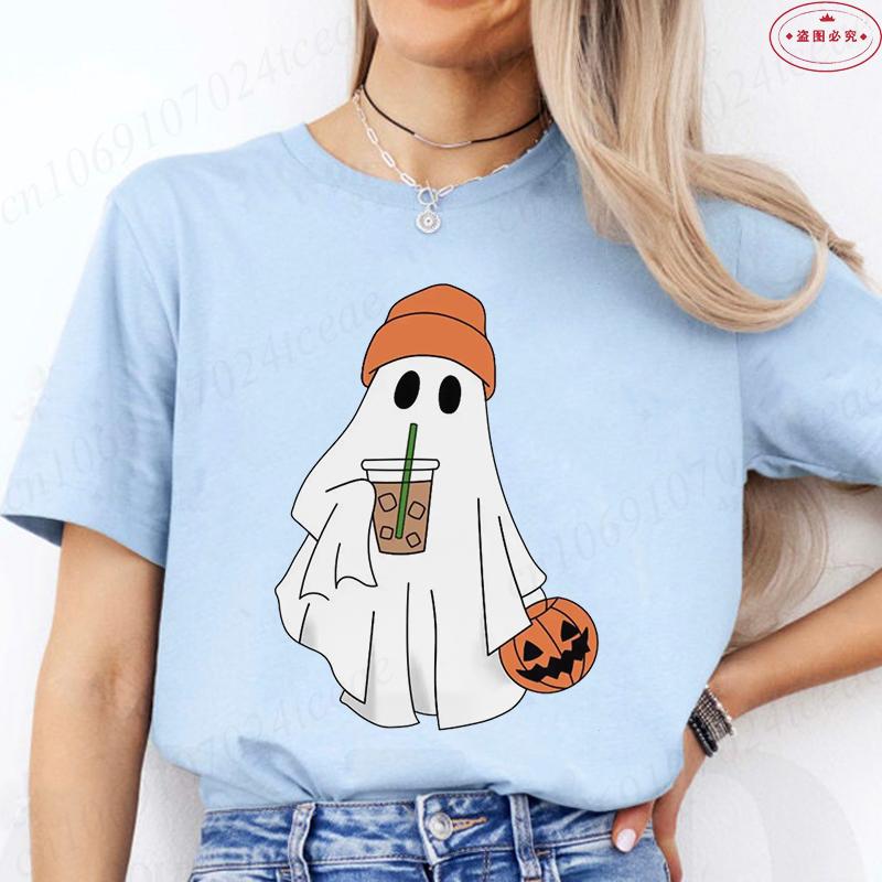 Little Boo Drinking Coffee Women T-Shirts Fashion Halloween Party Spooky Season Shirt Harajuku Graphic Tops Casual Streetwear