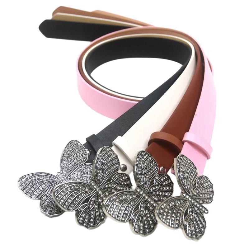 PU Waist Belt with Diamond Butterfly Buckle Adjustable Length Waist Belt Woman Girls Jeans Skirt Coat Decors Waistband