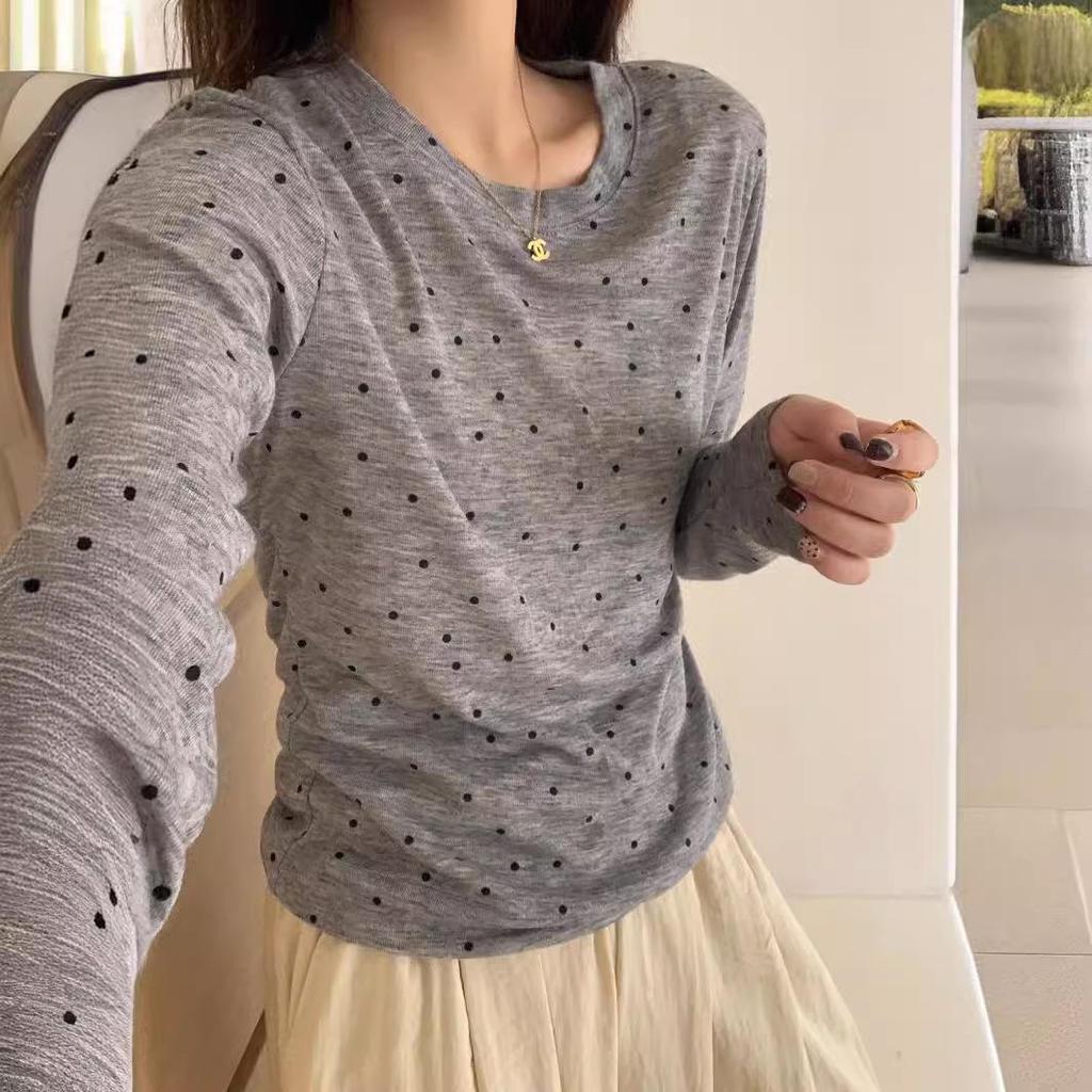 Women's Layered Polka Dot Long Sleeve T-shirt - Spring/Summer 2024 See-through Slimming Design