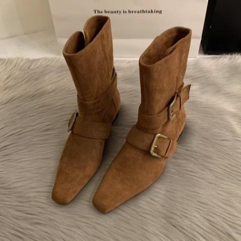 Fashion Elegant Women Ankle Boots Suede Heeled Shoes Designer 2025 Winter Retro Goth Fashion Boots New Trend Chunky Pumps Mujer Botas