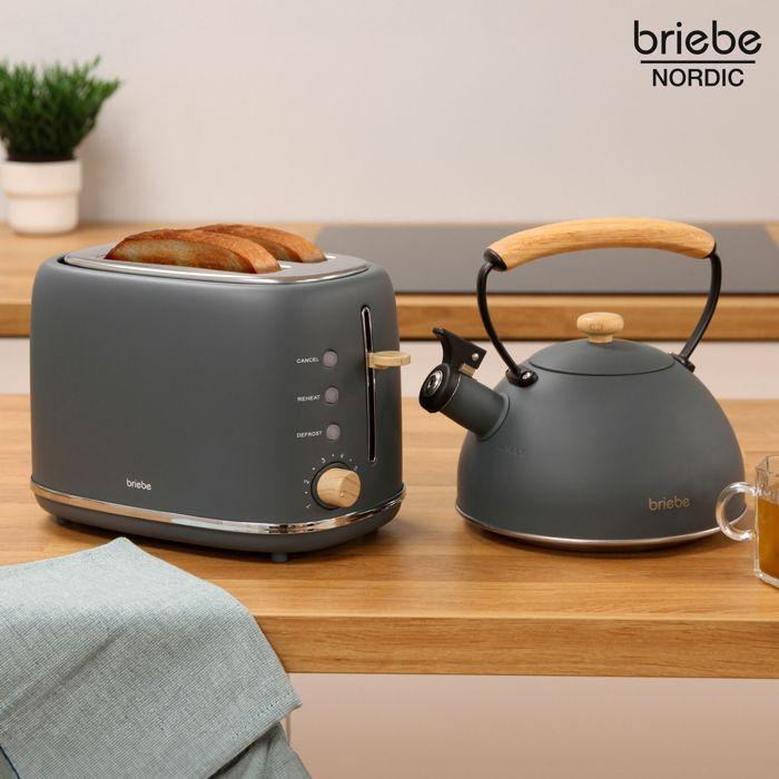 Nordic Ensemble Grille Pain 2 Fentes Larges, Bouilloire Sifflante Induction 2,3L Briebe SKT1177GRY 870W Gris