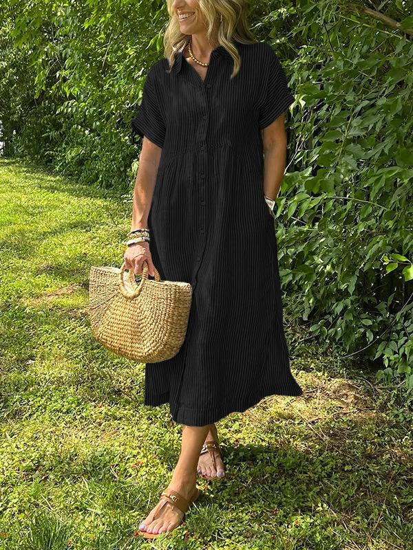Women Striped Shirt Dress Short Sleeve Lapel Casual Midi Dress with Asymmetric Hem