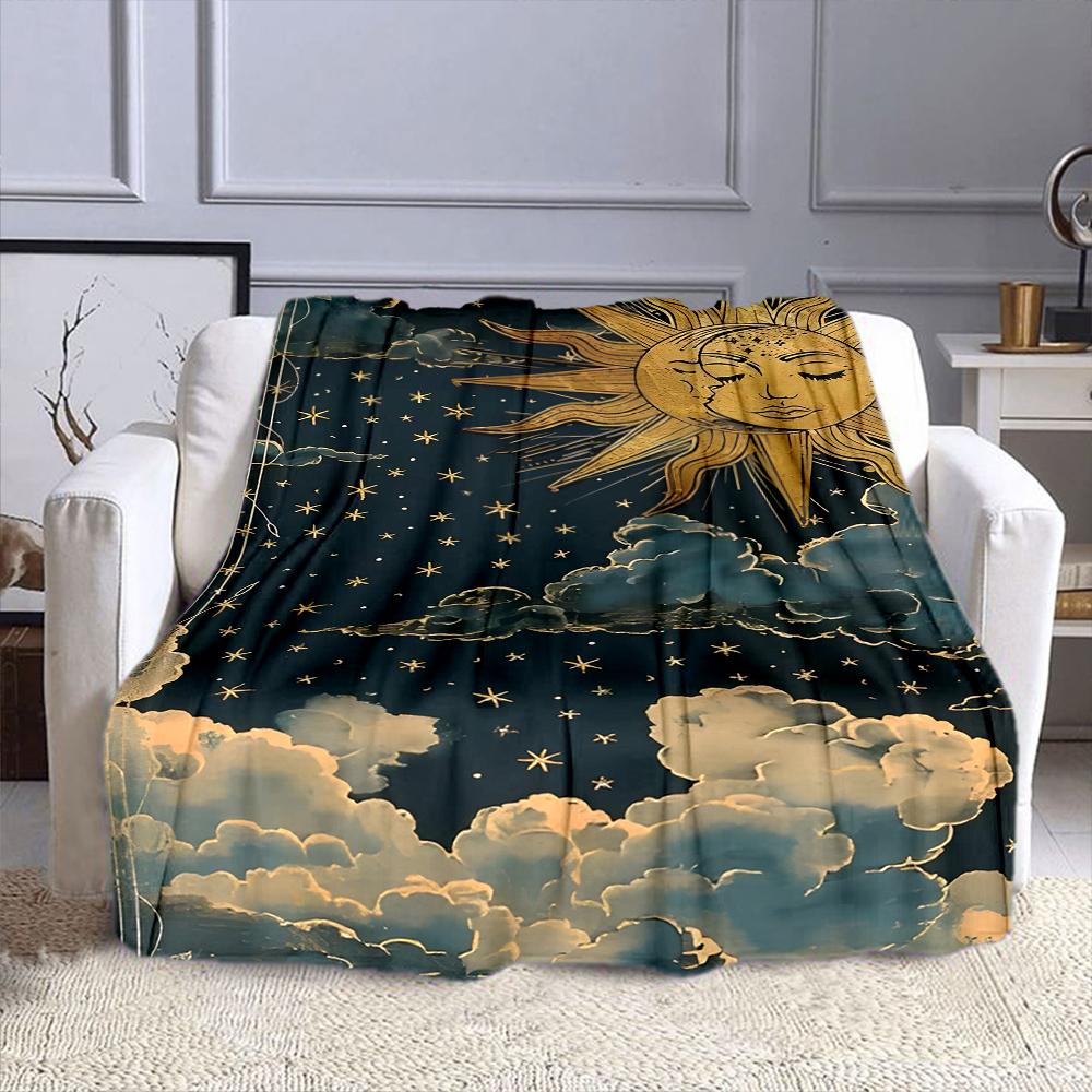 Celestial Sun and Starry Sky Design Patterned Flannel Blanket Perfect for the Bedroom Living Room, Sofa, or a Little Nap