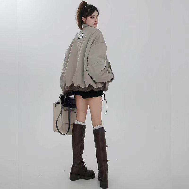 Women Stand Collar Short Workwear Faux Fur Lined Parka Jacket