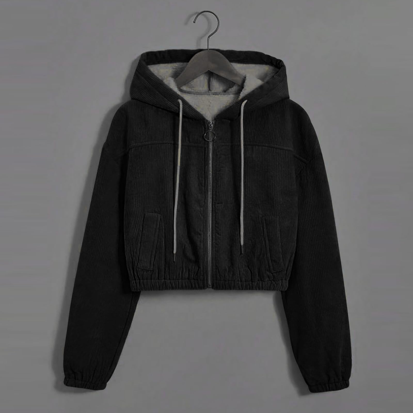 

Women Casual Cropped Jacket Fleece Hooded Zip Up Coat Flannel Warm Long Sleeve Short Jackets With Pocket L чорний