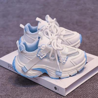 2026 Leather Thick-Soled Sports Shoes for Girls - Trendy Light Blue Butterfly Design for Kids - Bestseller