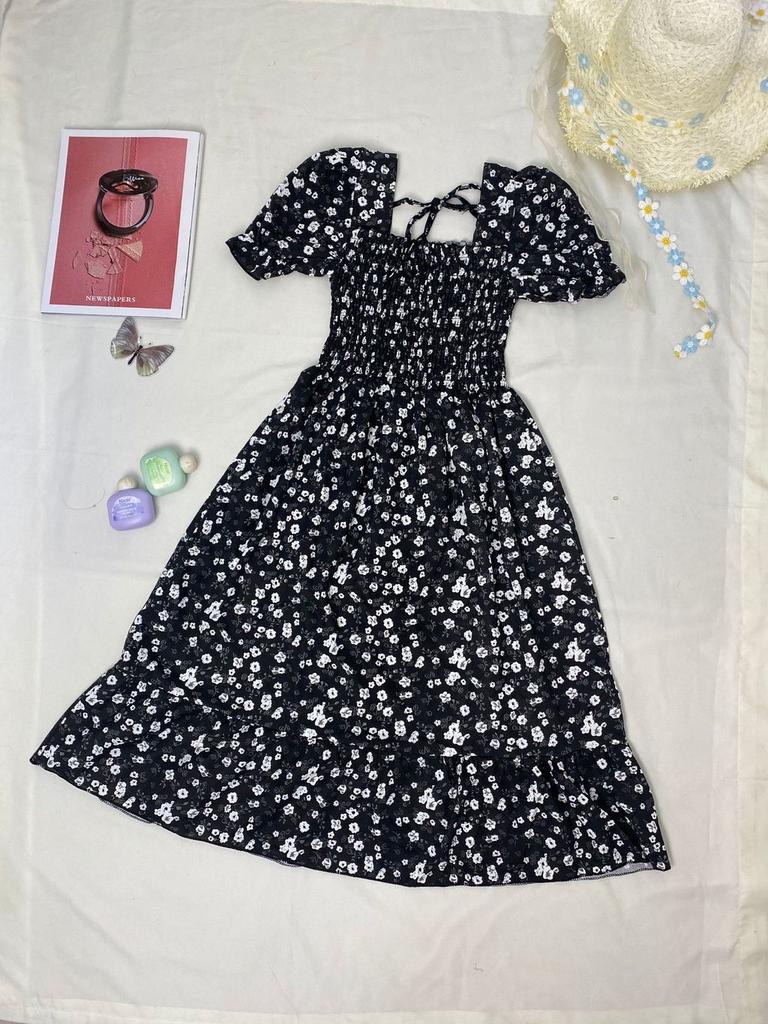 French Vintage High Waist Floral Dress With Tie Belt For Casual And Party Wear