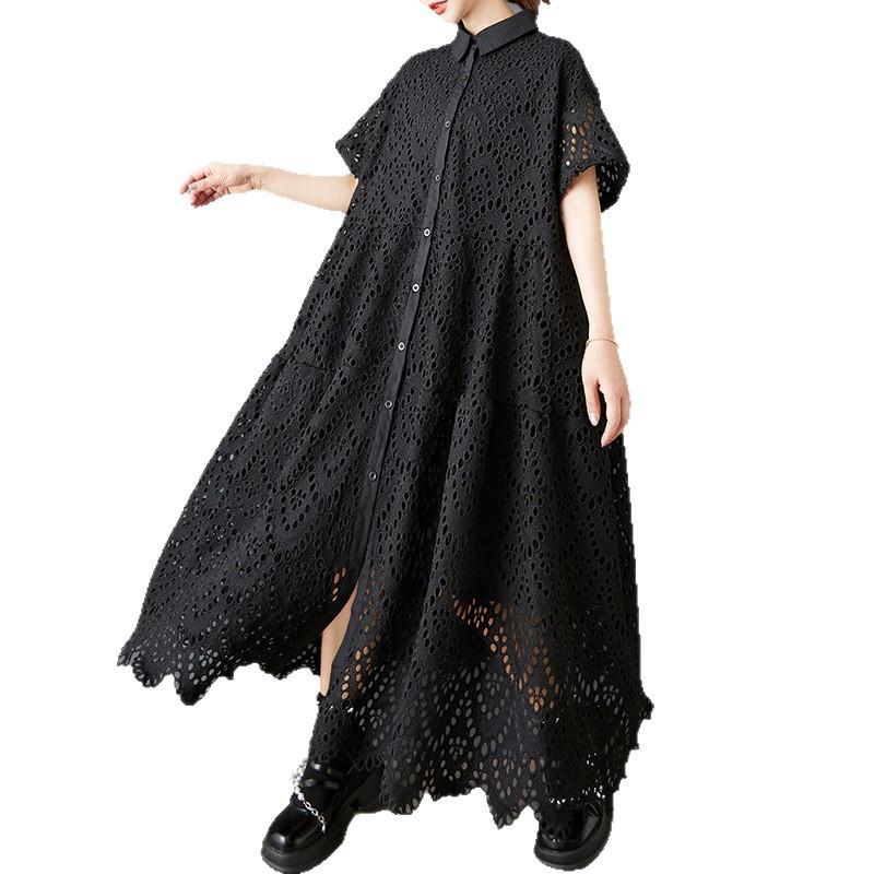 Heavy-Embroidered Lace Shirt Dress Fashionable Loose-Fitting Casual Maxi Dress