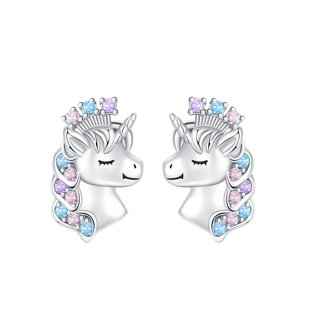 925 Silver Cute Shiny Stud Earring Bow Flower Unicorn Heart Shell Feather Fit Fashion Fine Jewelry Gift for Women
