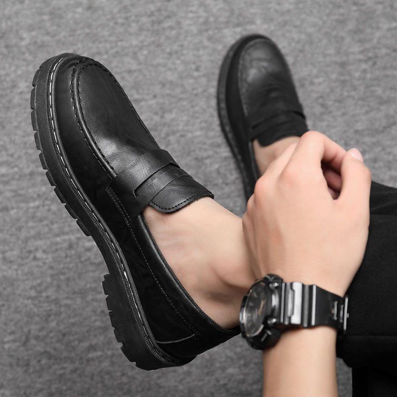 Black Thick Sole Height Increasing Round Toe Men's Leather Loafers Shoes Elegant Retro Low Price Slip-on Male Casual Shoe Sale
