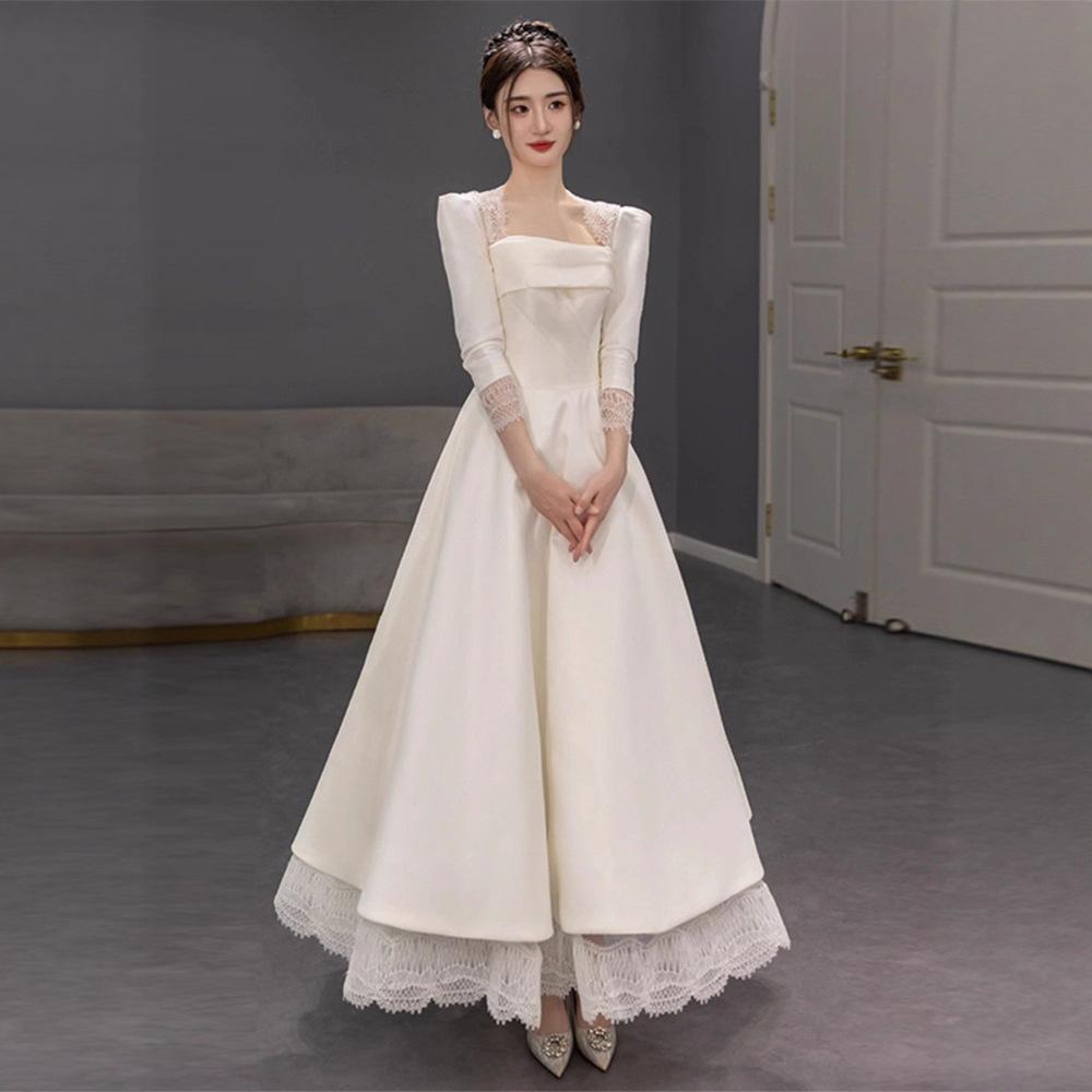 French long-sleeved light wedding dress 1011 new white simple satin niche square collar engagement robe dress