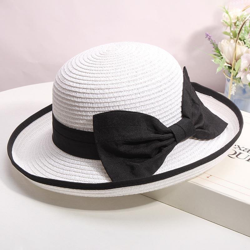 Elegant Straw Sun Hat with Black Big Bow - Wide Brim, White & Black Dome, Perfect for Summer and Formal Occasions,Tea Party