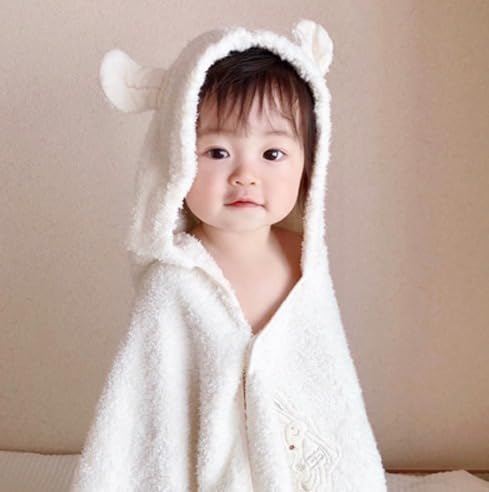 Kontex CHOUETTE Hooded Bath Towel for Babies, Toddlers, and Children, Made in Japan with Imabari Towels (Ivory)