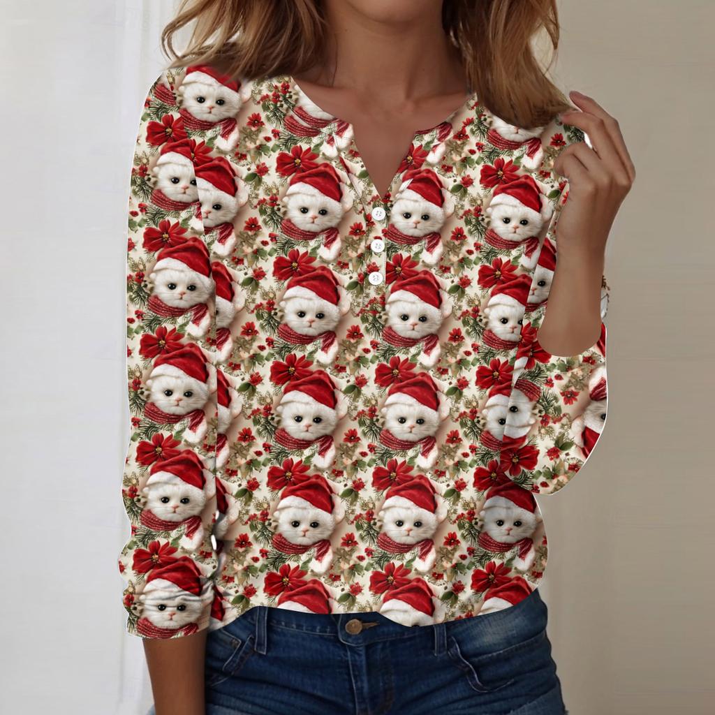 Women's Fashion Casual V-Neck Long Sleeve Decorative Button Christmas Print Top