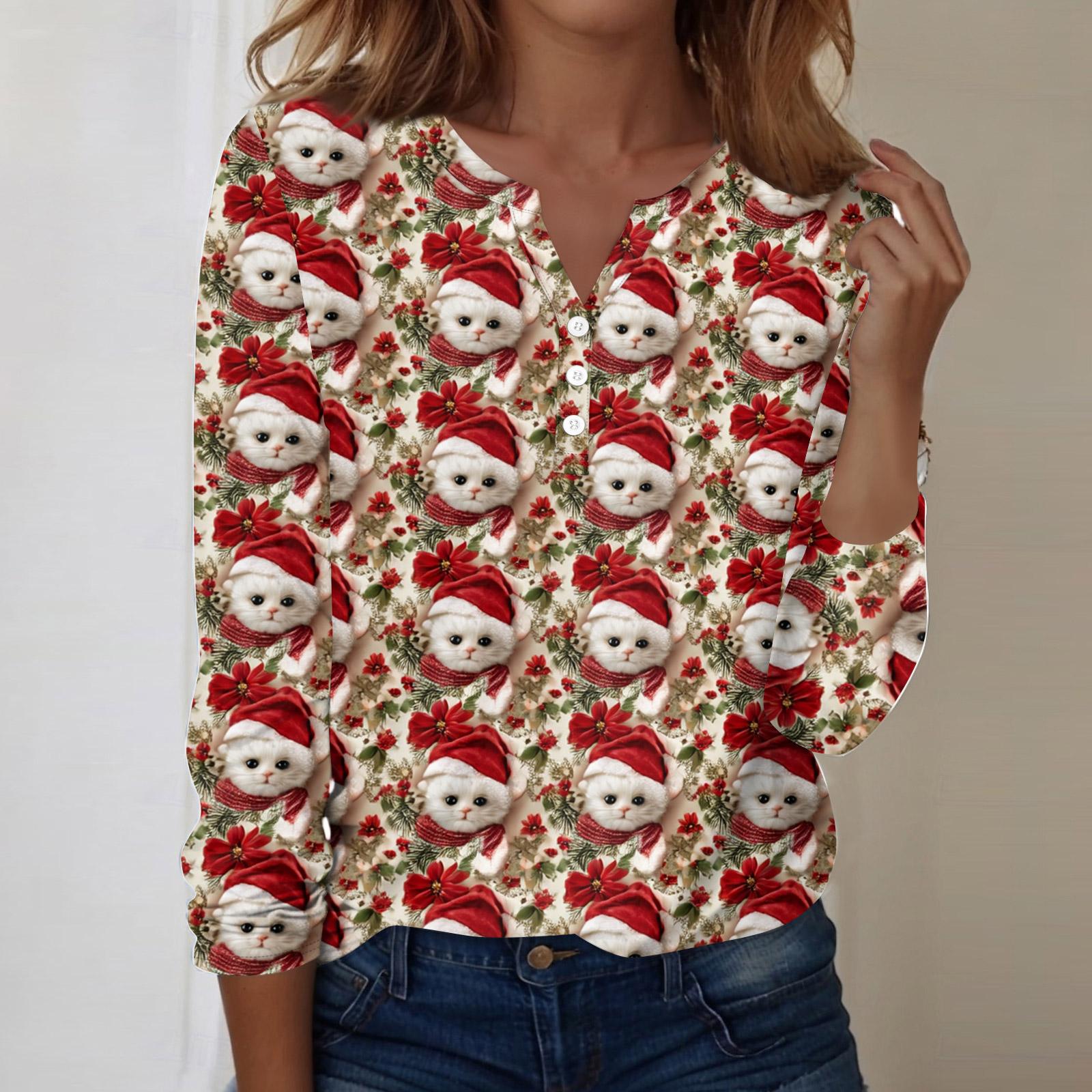 

Women s Fashion Casual V-Neck Long Sleeve Decorative Button Christmas Print Top L красный