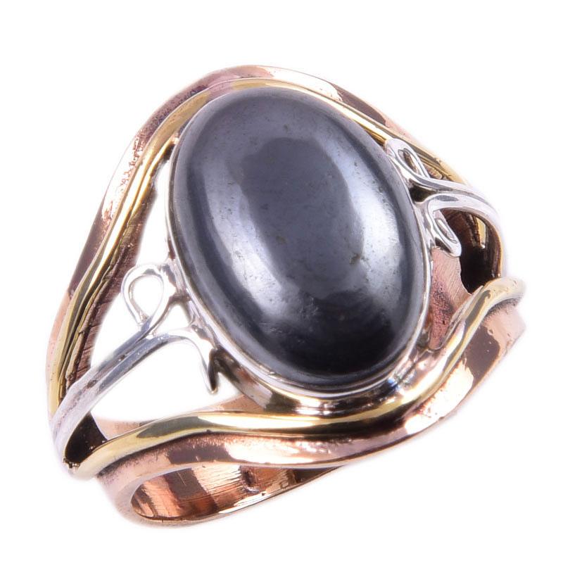 Natural Gunmetal Gemstone Handmade 925 Sterling Silver Two Tone Ring Size 7 C0N78