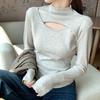 Splicing Hole Digging Autumn and Winter New Careful Machine Base Shirt Women's Half-Turtleneck Cutout Babes Design Sense Long Sleeve Women