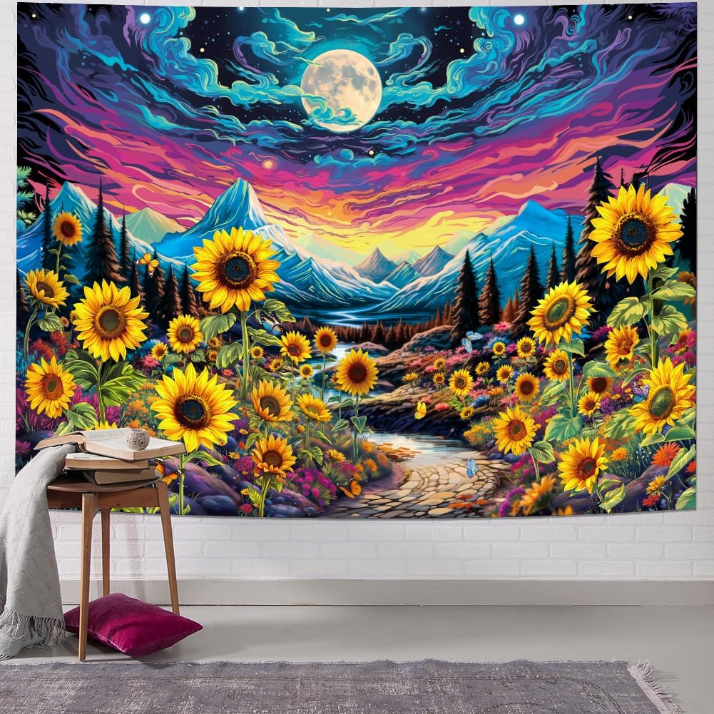 Dermijer Blacklight Moon Sunflower Tapestry Starry Night Mountian UV Reactive Wall Hanging Tapestries Galaxy Space Nature Landscape Tapestry for Home