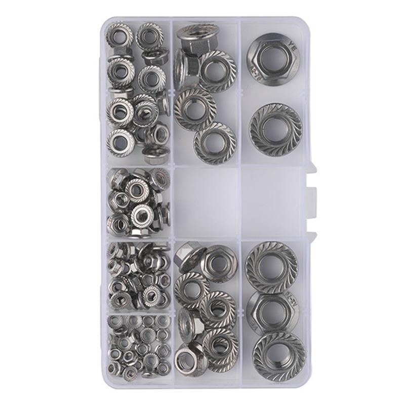 100Pcs/Box DIN6923 Flange Nut Hex Hexagon Serrated Spinlock Lock Nut Set Mix Size Stainless Steel