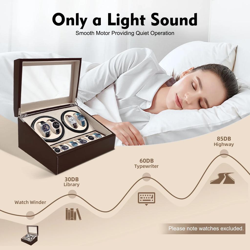 Bymaocar Automatic Low Noise Watch Winder Box Home Decor,Stores/offices 10-Watch Display Boxe Brown Leather W/ 2 Winding Devices