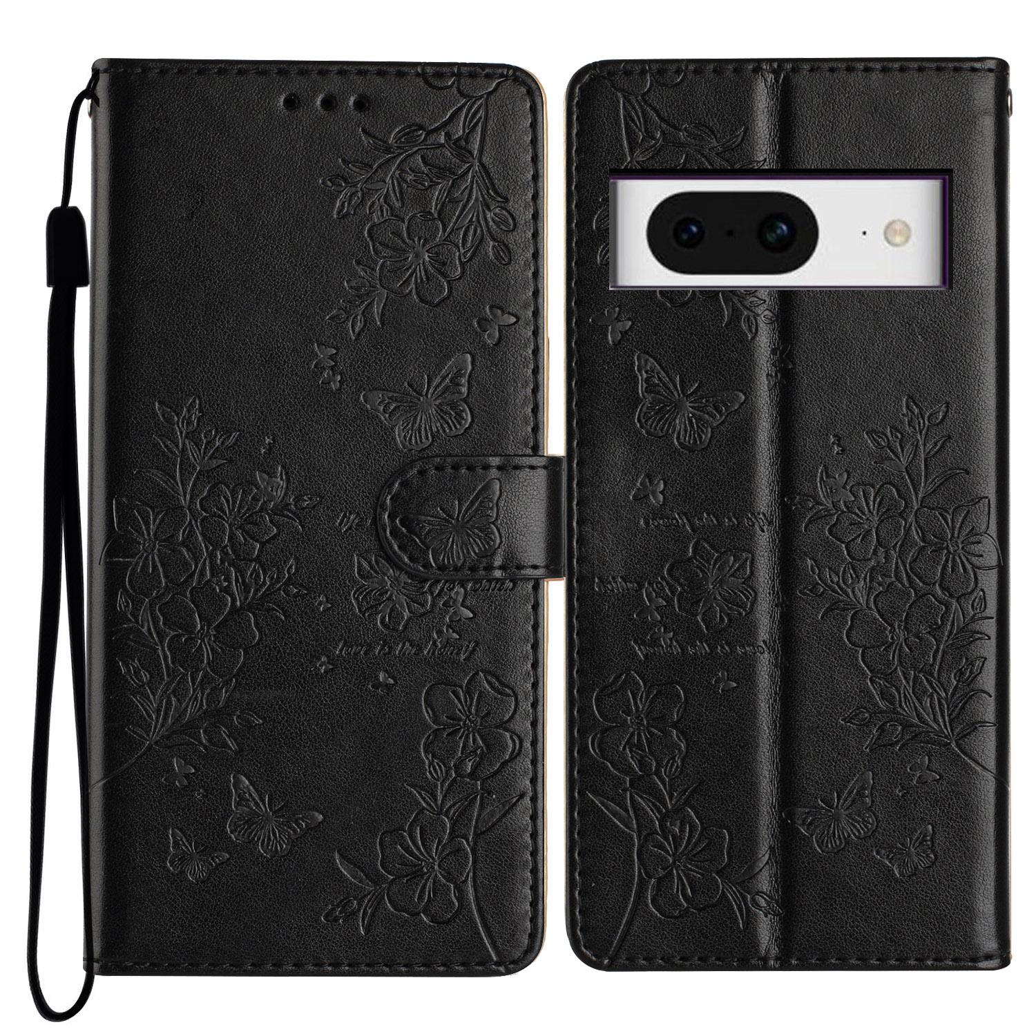 

For Google Pixel 8 Protective Case Butterfly Floral Imprint Leather Wallet Phone Cover Black