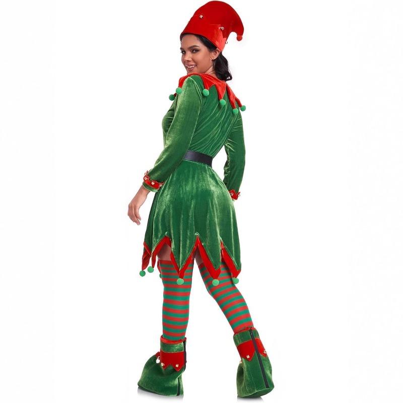 Women's Christmas Elf Costume Set Adult Velvet Dress Costume Santa Helper Christmas Holiday