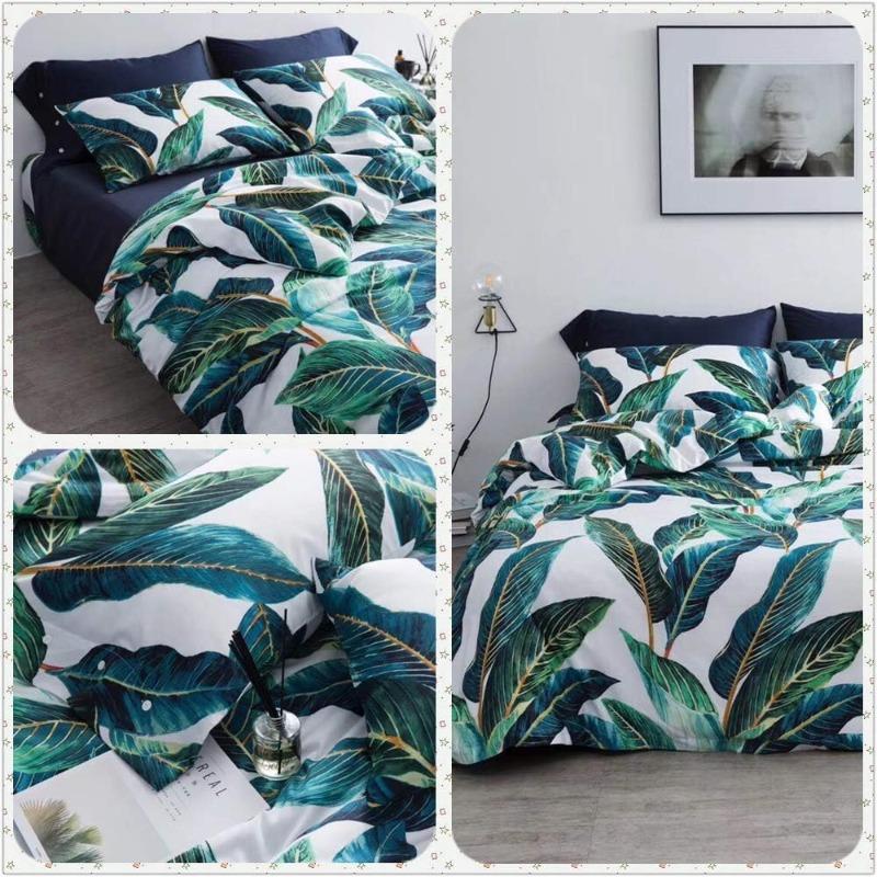 Duvet Cover Set Tropical Leaves Bedding Set,3 Piece Egyptian Cotton Green Quilt Cover with Zipper Closure