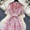 Elegant Beaded Short Sleeve Flower Lace Dress Women's Formal Evening Embroidery Crochet Hollow Out Long Party Dress