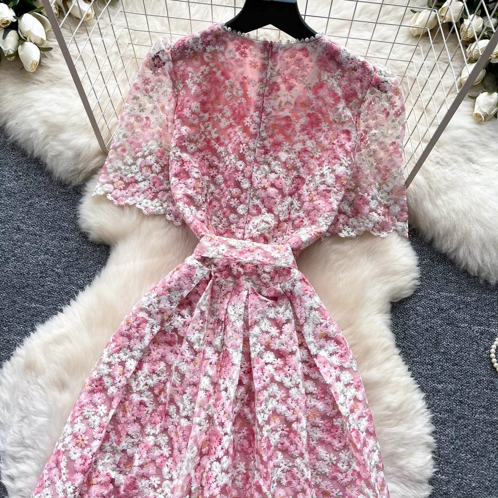 Elegant Beaded Short Sleeve Flower Lace Dress Women's Formal Evening Embroidery Crochet Hollow Out Long Party Dress