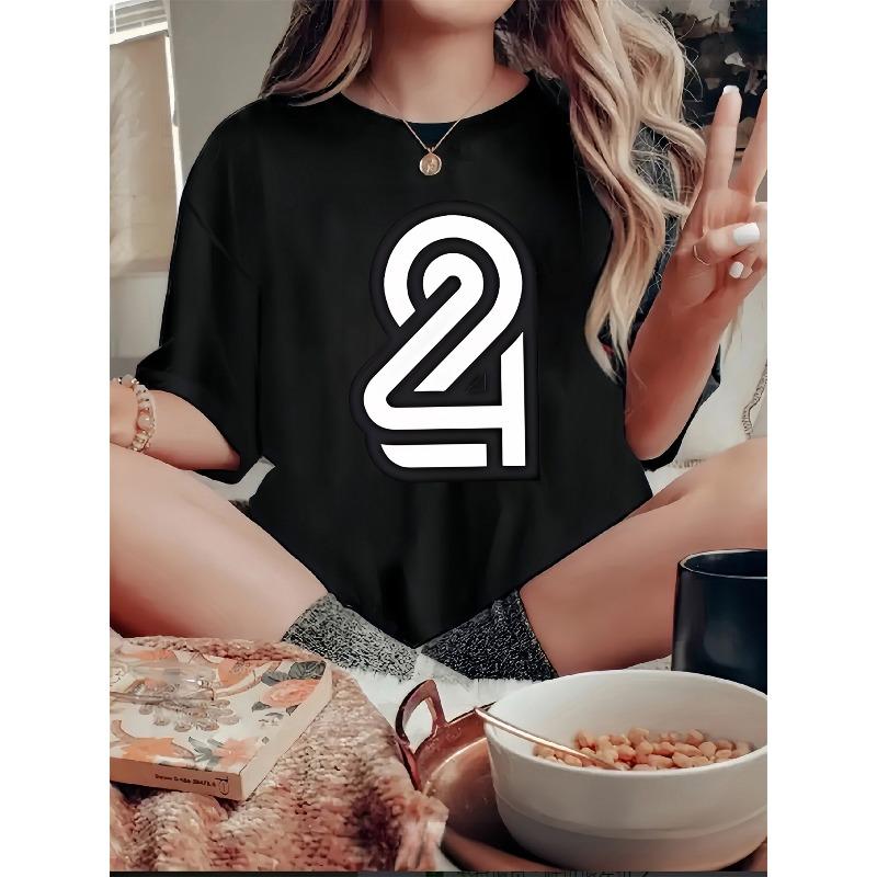 

Fashionable Women S Short-Sleeve Sports T-Shirt - Features a Minimalist Design with The Number 24 Printed. 4XL чорний