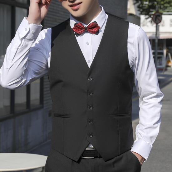 Men Suit Waistcoat V-neck Sleeveless Single Breasted Suit Vest with Pockets Solid Color Ergonomic Tailoring Waistcoat