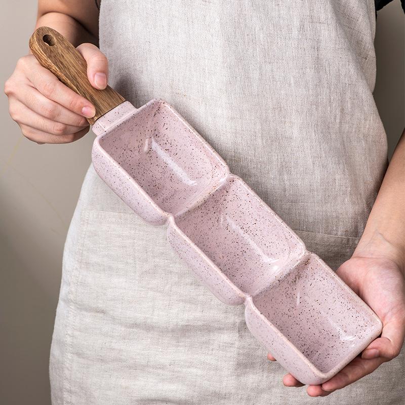 Nordic Creative Hotel Bowls and Chopsticks Commercial Stoneware Dried Fruit Plate Household Bamboo Handle Separate Snack Plate