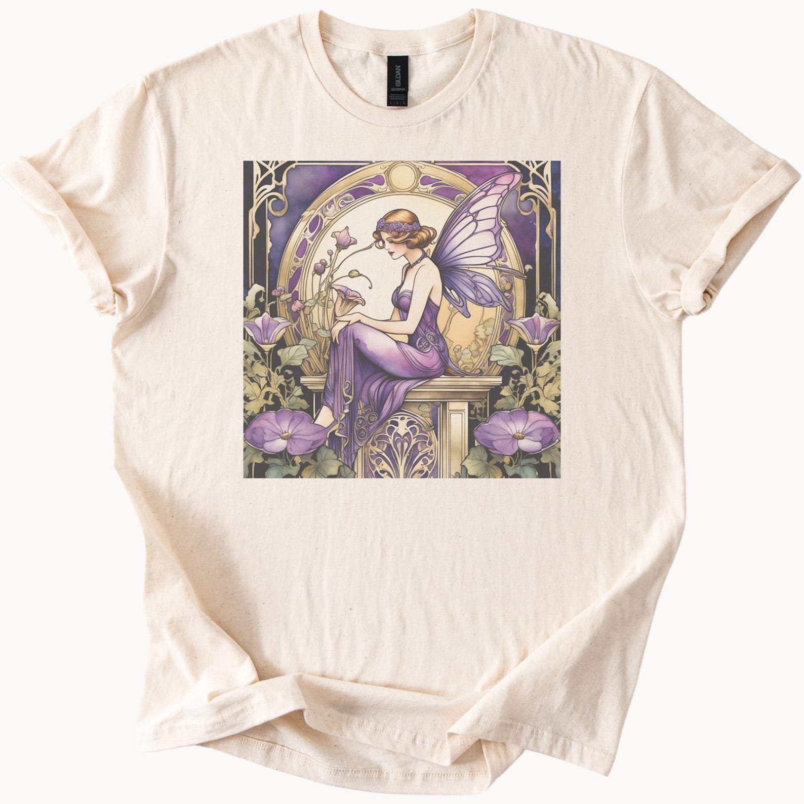 purple fairy sitting among flowers art nouveau graphic tee shirt 130