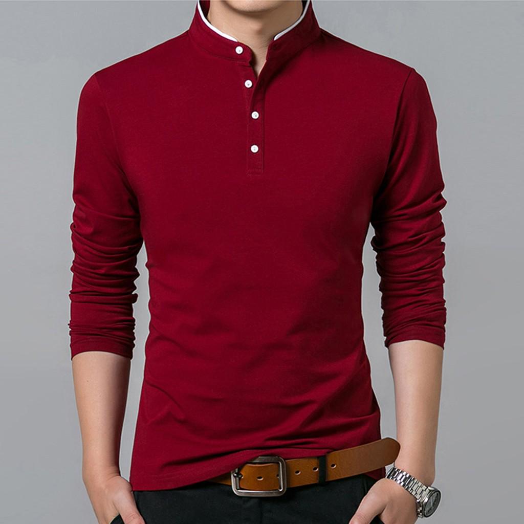 Men's New Fashion Standing Collar Men's Long Sleeve T-shirt  Blouse Top