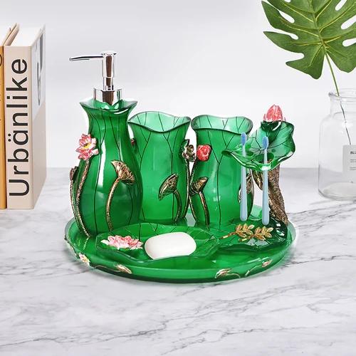 Resin Bathroom Set Toiletries Bathroom 5-piece Set with Rectangular Tray Lotion Bottle Toothbrush Holder Mouth Cup Soap Dish