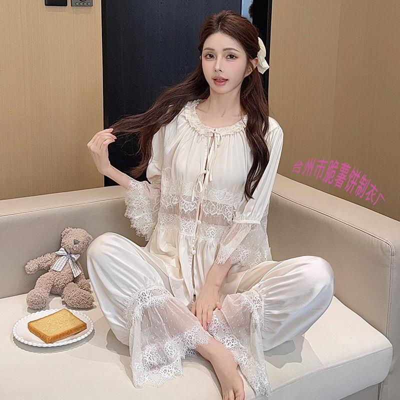 Sweet Polka Dot Lace Pajama Set for Women - Short Sleeve, Long Pants, Spring/Autumn, Princess Style
