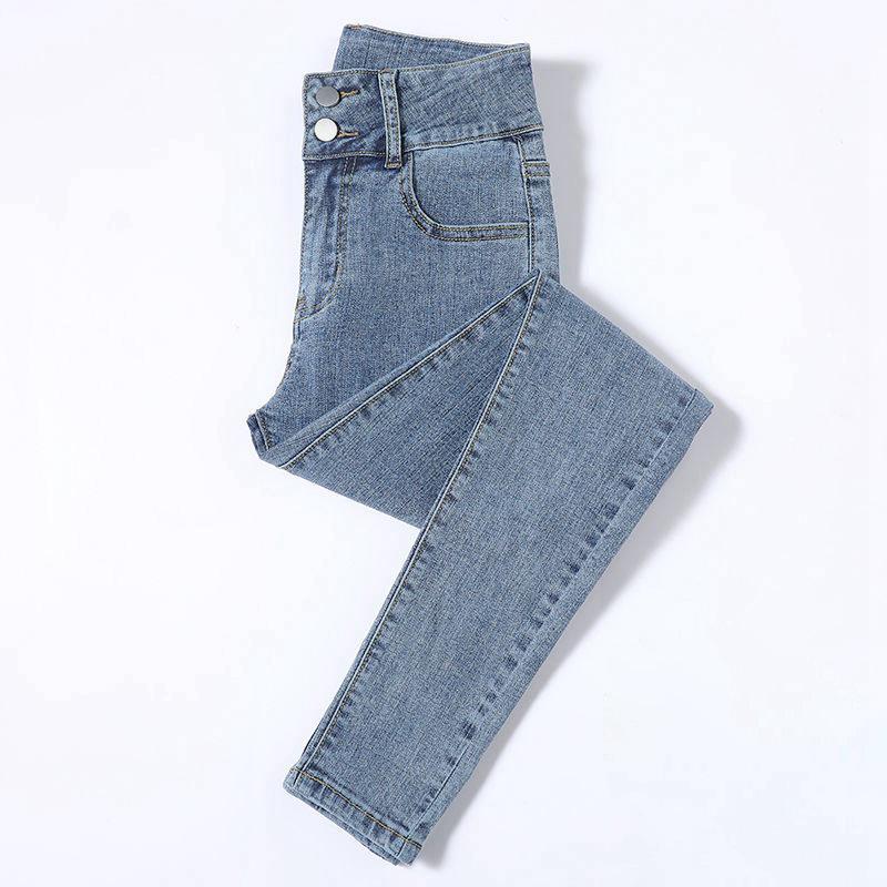 Women's High Waist Elastic Denim Skinny Pants - Double Button Pencil Style for Spring, Autumn, Winter